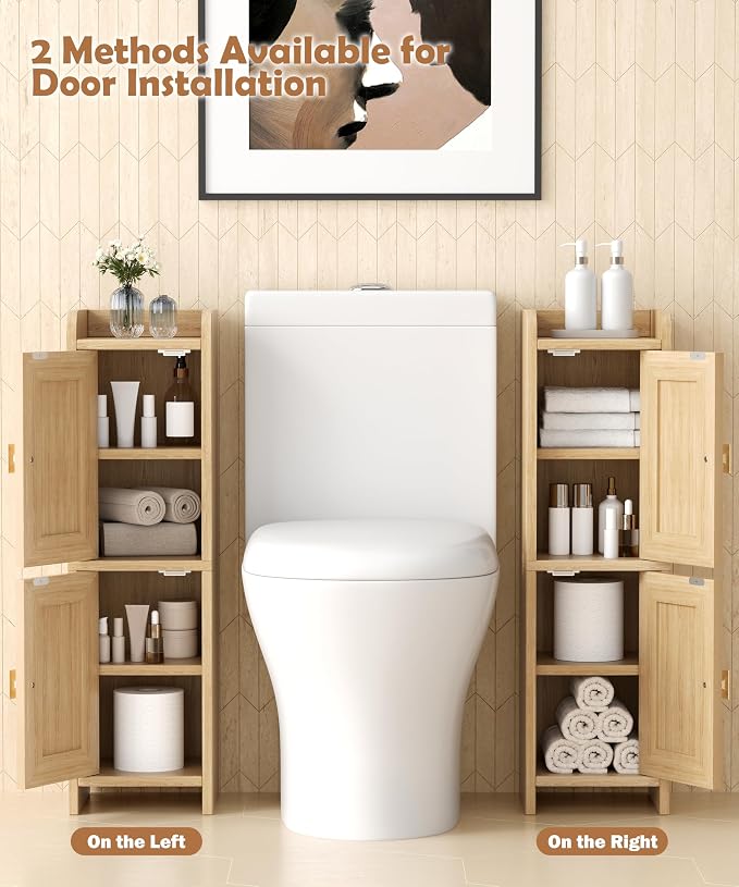 Akxomel Rattan Small Bathroom Cabinet Narrow Toilet Paper Organizer Oak | - Image 8