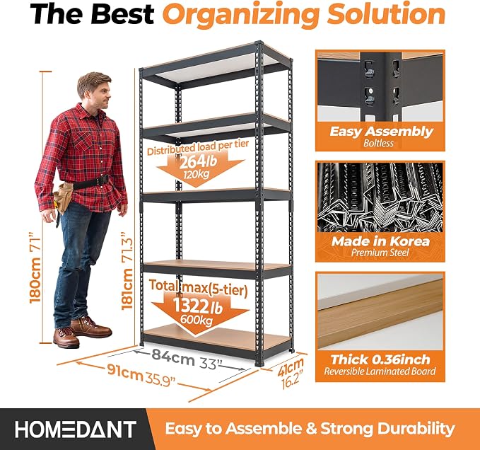 HOMEDANT 5 Tier Storage Shelves Adjustable Laminated Boltless Garage Metal - Image 2
