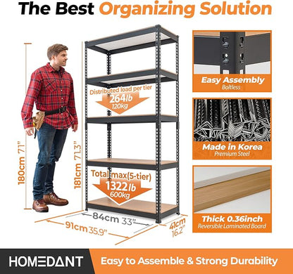 HOMEDANT 5 Tier Storage Shelves Adjustable Laminated Boltless Garage Metal - Image 2