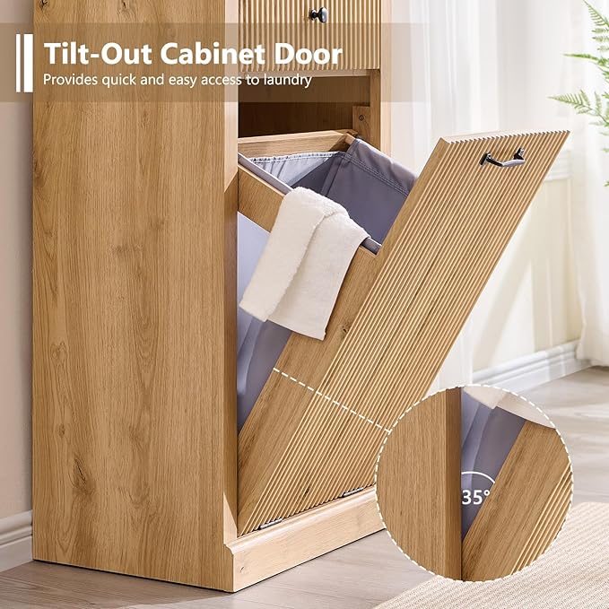 Modern Tilt-Out Laundry Hamper Cabinet, 10 Gallon Fluted Trash Can Cabinet - Image 4