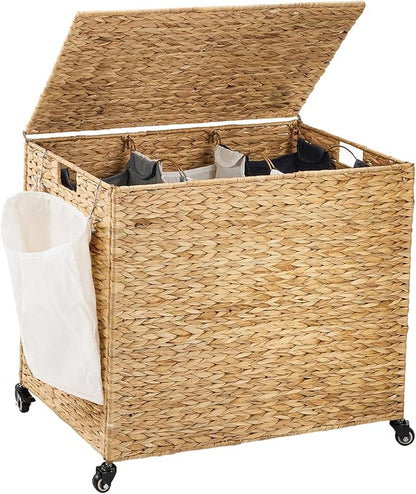 Laundry Hamper with Wheels, 52.8 Gallon Water Hyacinth Laundry Basket with Lid by ZeeingHom