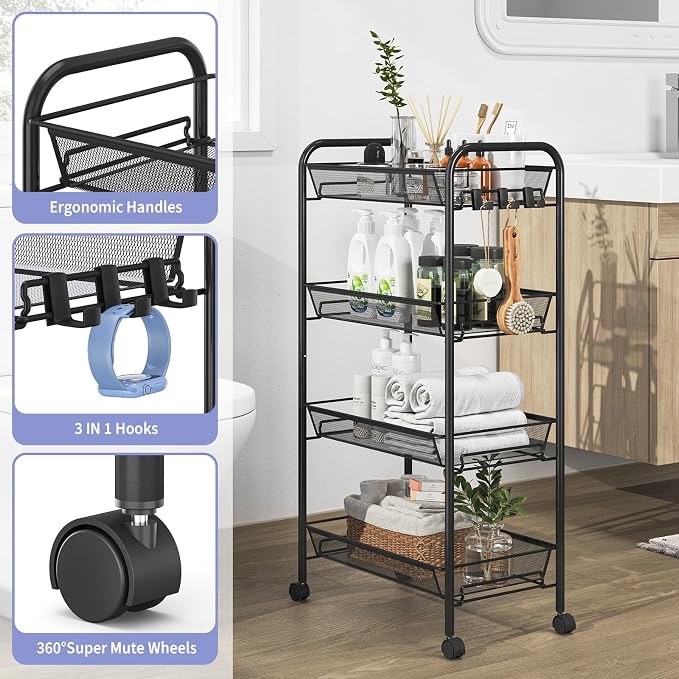 TOOLF 4-Tier Rolling Cart, Metal Utility Cart - Image 4