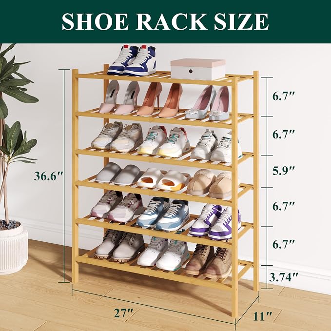 Smiry Bamboo Shoe Rack for Closet, 6 Tier Wooden Stackable Shoe Organizer - Image 2