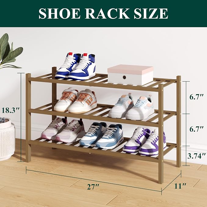 Smiry Bamboo Shoe Rack for Closet, 3 Tier Wooden Stackable Shoe Organizer - Image 2