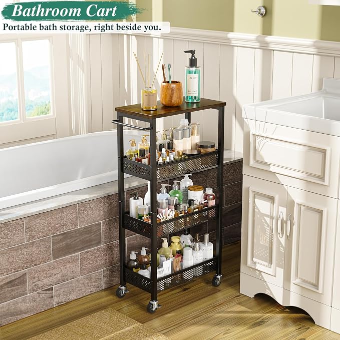 Utility Slim Storage Cart, 4-Tier Narrow Bathroom Organizer and Storage Cart - Image 6
