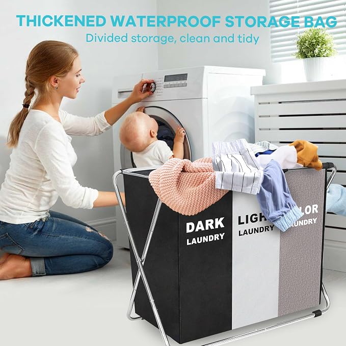 150L Laundry Cloth Hamper Sorter Basket Bin Foldable 3 Sections - Image 7