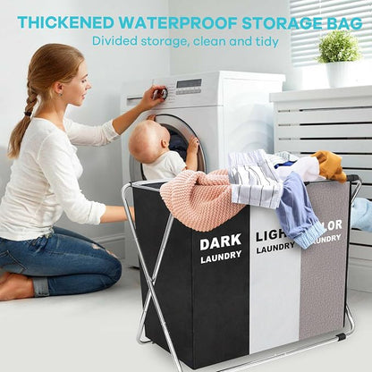 150L Laundry Cloth Hamper Sorter Basket Bin Foldable 3 Sections - Image 7