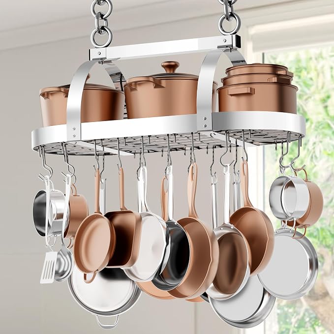 KES 34 Inch Heavy Duty Chrome Hanging Pot Rack Ceiling Mount, Oval Pot and Pan by KES
