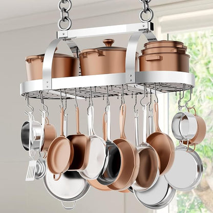 KES 34 Inch Heavy Duty Chrome Hanging Pot Rack Ceiling Mount, Oval Pot and Pan by KES