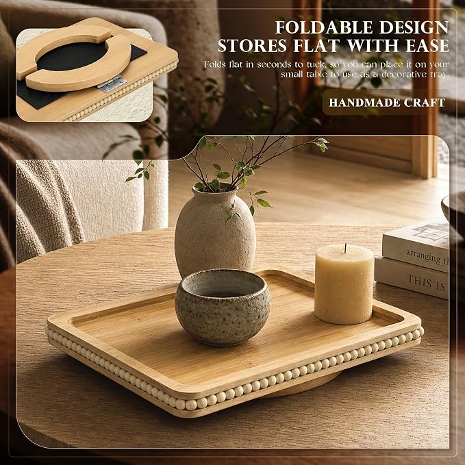 Bamboo Wood Sofa Arm Tray with Beaded Edge - Image 4