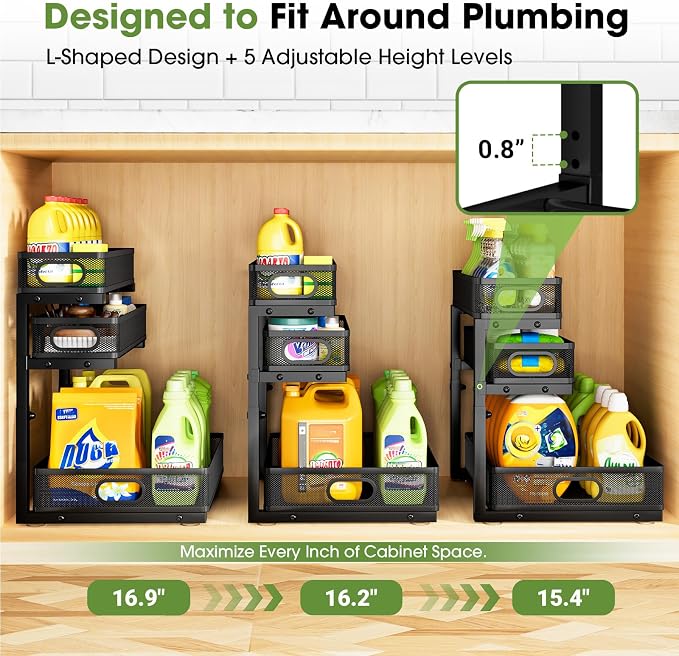 Under Sink Organizer 3 Tier, 2 Pack L-Shaped Pull-Out Cabinet Organizer - Image 3