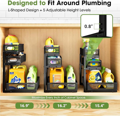 Under Sink Organizer 3 Tier, 2 Pack L-Shaped Pull-Out Cabinet Organizer - Image 3