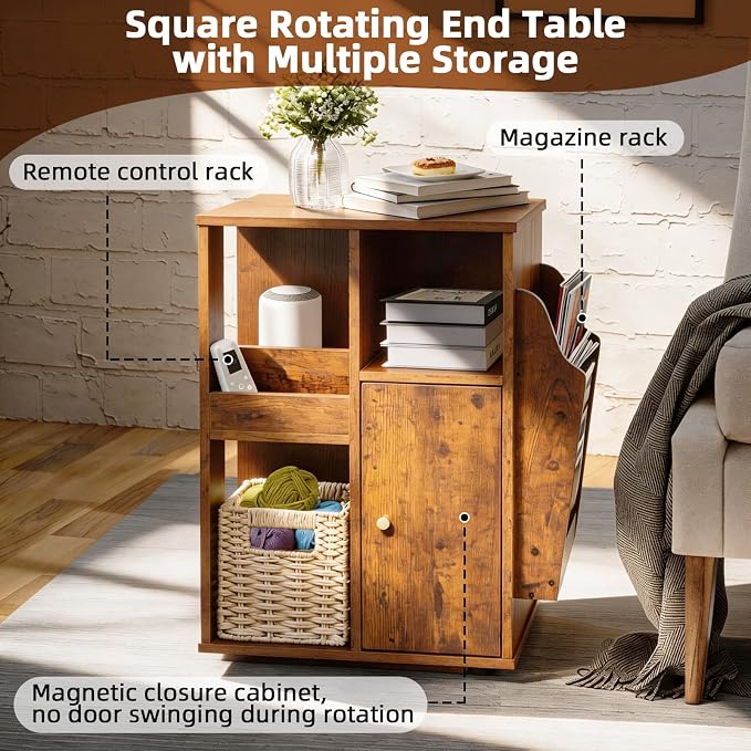Square Rotating End Table with Storage, Rustic Brown | Side Table with Magazine - Image 6