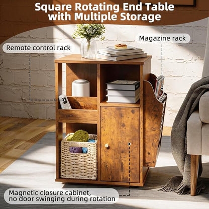 Square Rotating End Table with Storage, Rustic Brown | Side Table with Magazine - Image 6