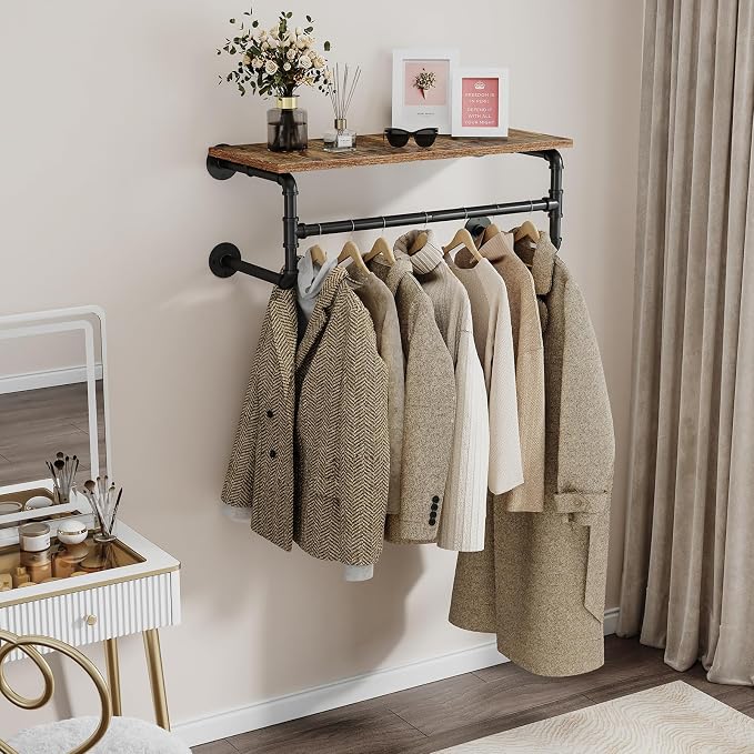 Clothes Rack with Top Shelf, 29.1in Industrial Pipe Wall Mounted Garment Rack - Image 3