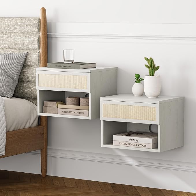 Rattan Floating Nightstands Set of 2, Wall Mounted End Table by MoomJiee