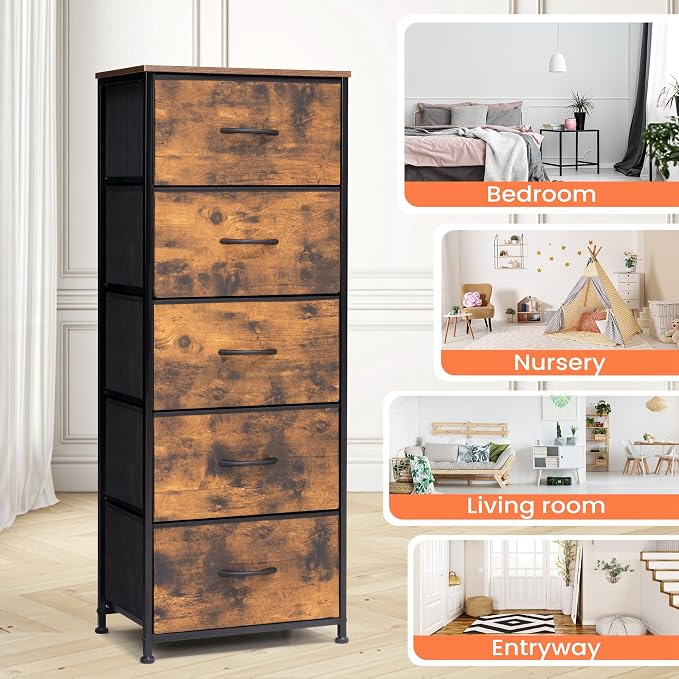 Tall Dresser Vertical Fabric Storage Tower, 5 Drawers | Sturdy Steel Frame - Image 7