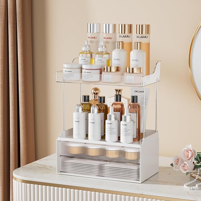 Delamu Bathroom Organizers and Storage, 2 Tier 2 Drawer Makeup Organizer - Image 3