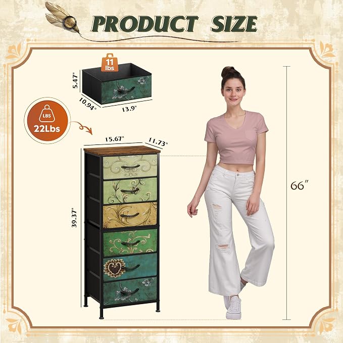 WLIVE Tall Dresser for Bedroom, 6 Drawer Dresser, Floral | 6 vertical fabric - Image 3