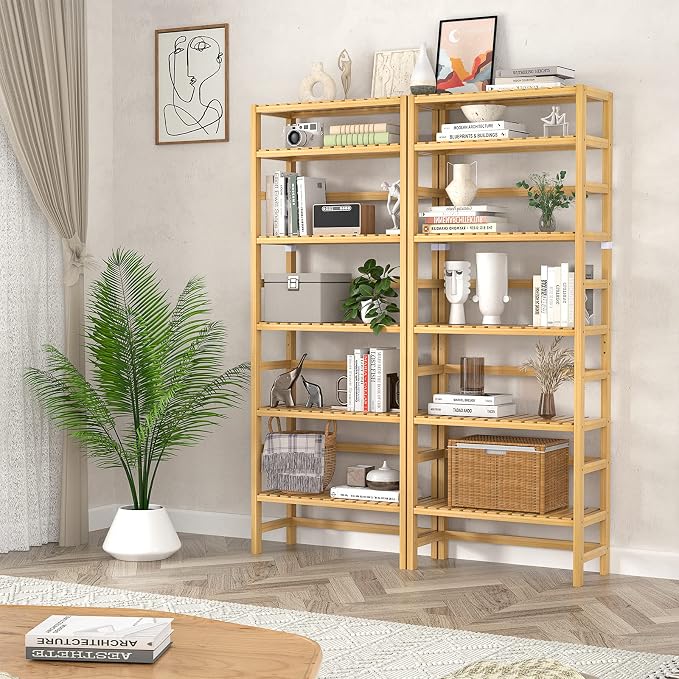 Homykic 6-Tier Bamboo Bookshelves and Bookcases, Adjustable 63.4”Tall Shallow - Image 2