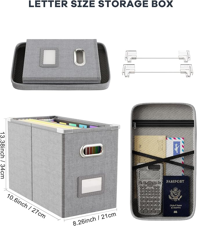Hanging Filing File Box with Mesh Pocket, File Organizer Box with Lid, - Image 2