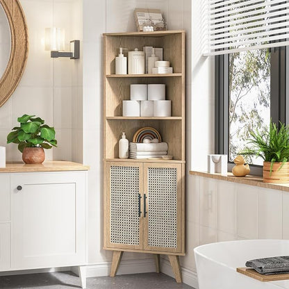 Corner Cabinet with Rattan Doors, Tall Farmhouse Corner Display Shelf with by Vabches