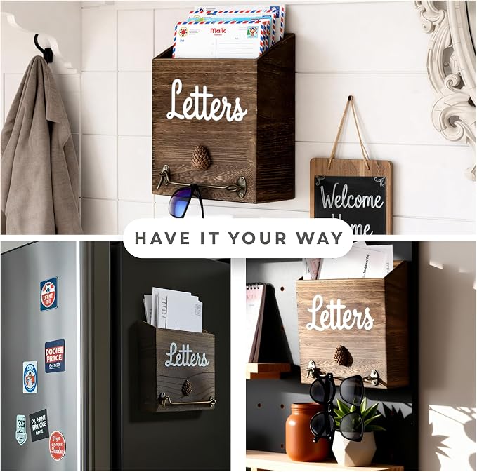 eBun Narrow Wood Mail Holder | Wall Mount, No-Drill Magnetic, Vertical Letter - Image 3