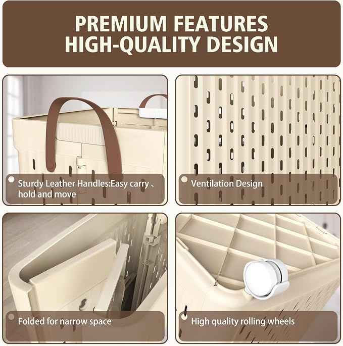 UAK Laundry Basket with Wheels, Collapsible Plastic Laundry Hamper with Handle - Image 4