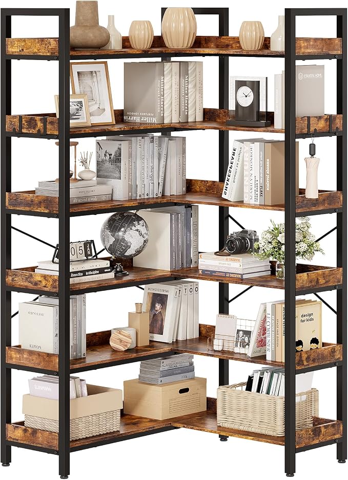 KOUSEI 6-Tier L-Shaped Reversible Corner Bookshelf, Wide Open Shelves + 4 Hooks by KOUSEI