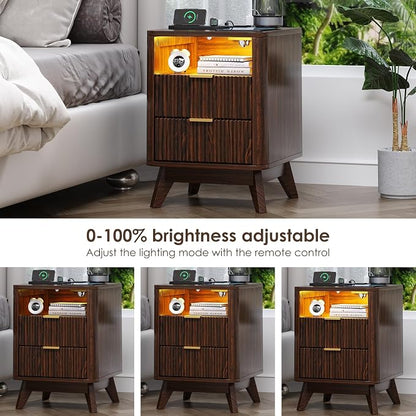 Nightstand with Charging Station, Fluted Nightstand with LED Lights, Modern - Image 6