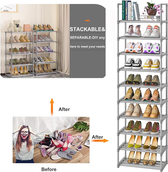 OYREL 10-Tier Metal Shoe Rack, Narrow Shoe Rack Organizer, Sturdy Shoe Shelf - Image 4
