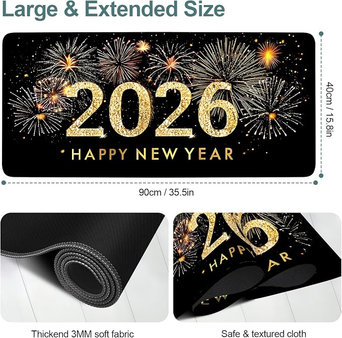 2026 Happy New Year Gaming Mouse Pad 35.4"x15.7"Desk Mat Anti-Slip Rubber Base - Image 2