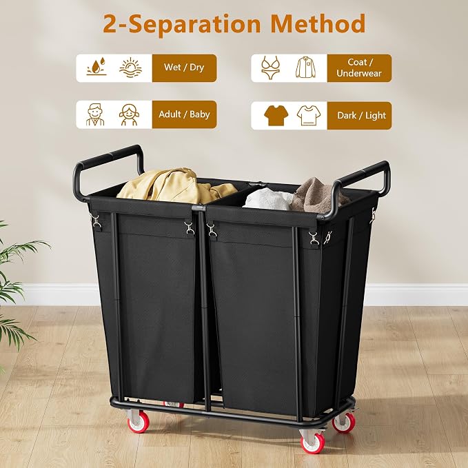 Large laundry hamper with Wheels, 2 Bag 360L Big Rolling Laundry Basket Sorter - Image 2