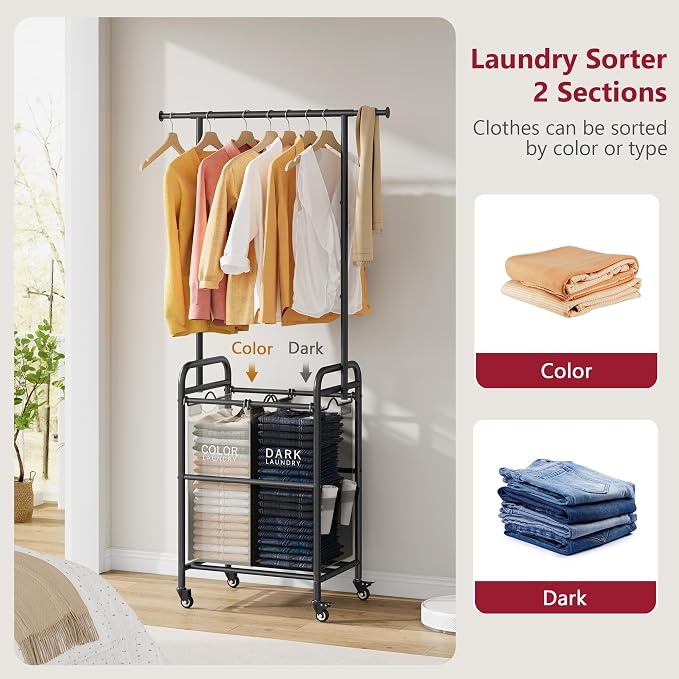 Tajsoon Laundry Sorter with Hanging Bar, 2 Bag laundry cart, Laundry Cart with - Image 5