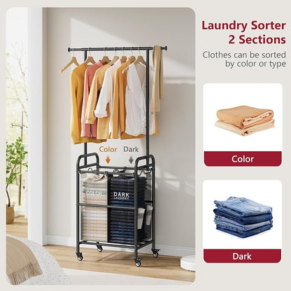 Tajsoon Laundry Sorter with Hanging Bar, 2 Bag laundry cart, Laundry Cart with - Image 5