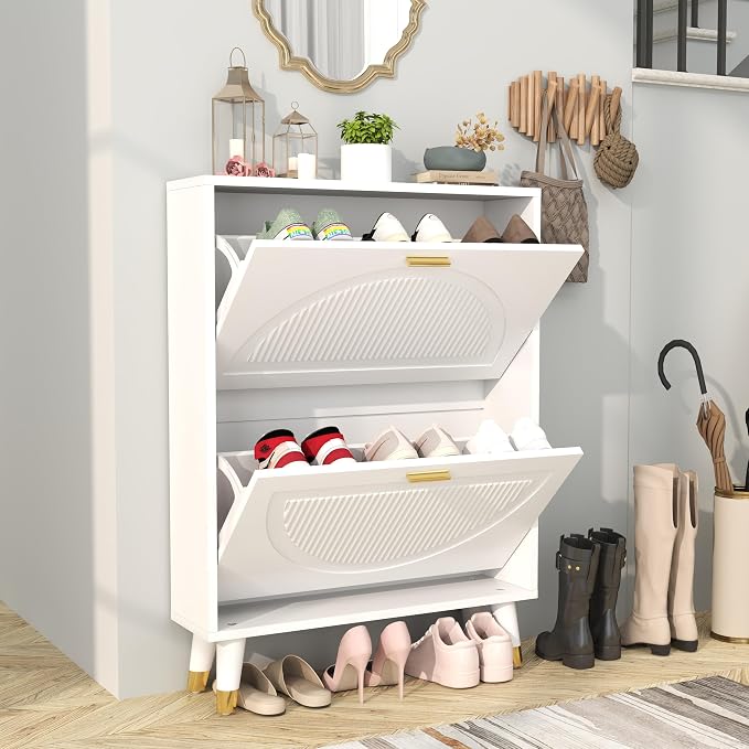 White Shoe Storage Cabinet: 24" Ultra Thin Small Shoe Cabinet - Image 3