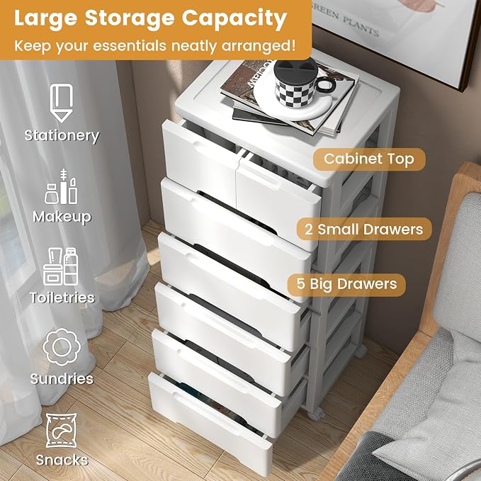 LOKO 7-Drawer Plastic Rolling Storage Cart | Mobile Storage Cabinet | Vertical - Image 6