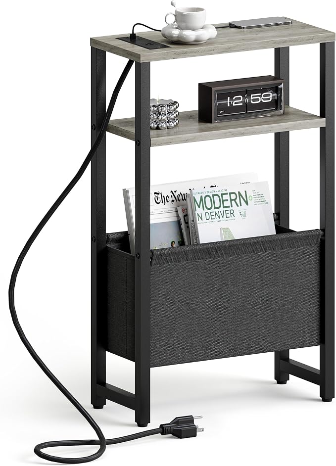 Narrow Side Table with Charging Station Slim End Table Sofa with Magazine Rack by IRCPEN