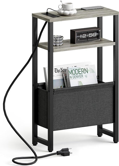 Narrow Side Table with Charging Station Slim End Table Sofa with Magazine Rack by IRCPEN