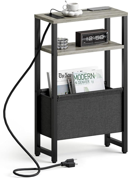 Narrow Side Table with Charging Station Slim End Table Sofa with Magazine Rack by IRCPEN
