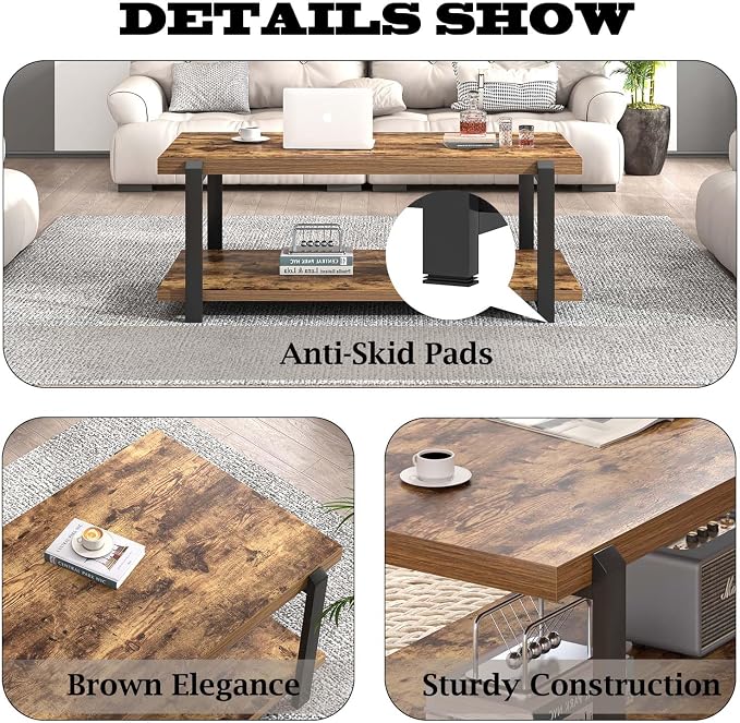 FOLUBAN Modern Coffee Table, Rustic Wood Center Table - Image 5