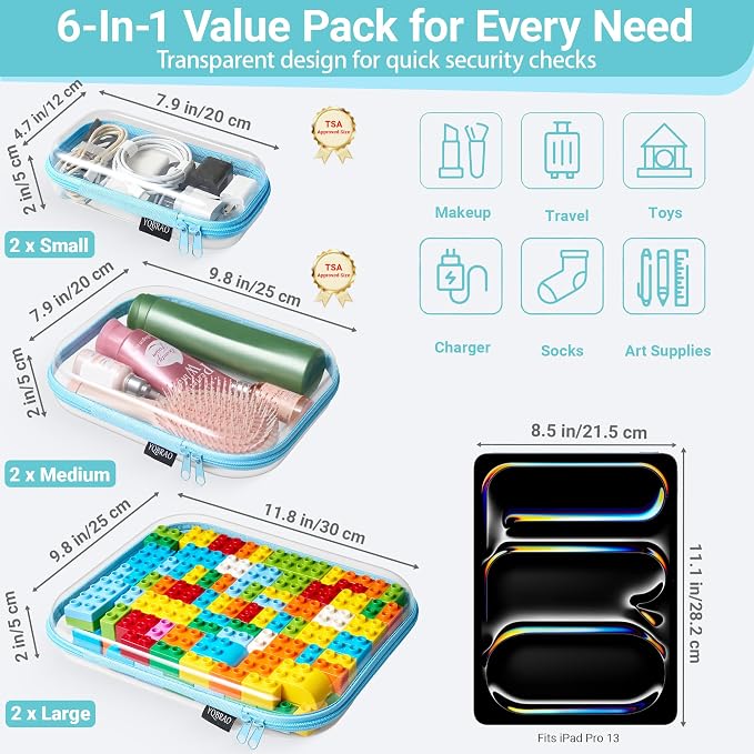 YQBRAO 6 Pack Sky Blue Clear Hard Shell Zipper Case, 1.2mm Heavy Duty - Image 4