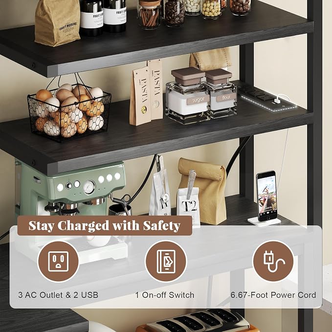 L-Shaped Bakers Rack with Power Outlet, 6-Tier Microwave Stand with Open Storage - Image 5