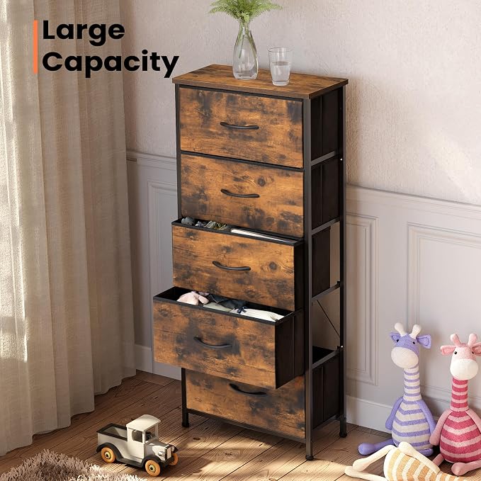 Tall Dresser Vertical Fabric Storage Tower, 5 Drawers | Sturdy Steel Frame - Image 4