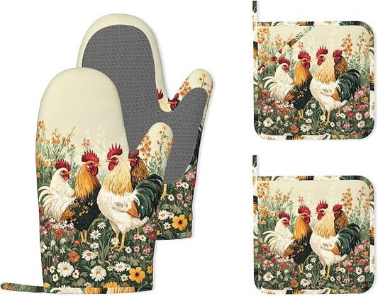 Chicken Rooster Farm Flower Heat-Resistant Silicone Oven Mitts and Pot Holder 4 by Unknown