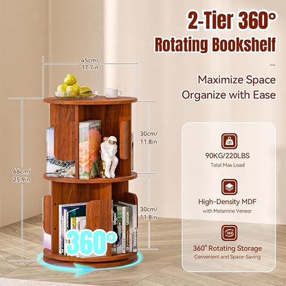2-Tier 360° Rotating Bookshelf, Round Floor Standing Bookcase - Image 2