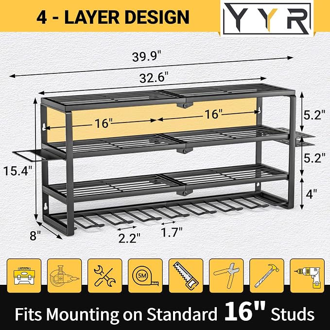 YYR 4 Layer Power Tool Organizer Wall Mount, Cordless Drill Hanger Storage Rack - Image 6