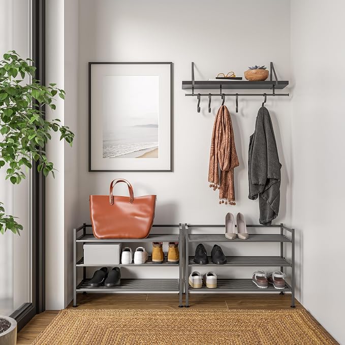3-Tier Stackable 1" Slat Steel Frame Shoe Rack, 27.25"W x 12.75"D, Ash Gray | - Image 5