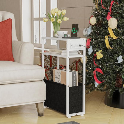 White Side Table with Charging Station, Slim End Tables with Fabric Basket - Image 7