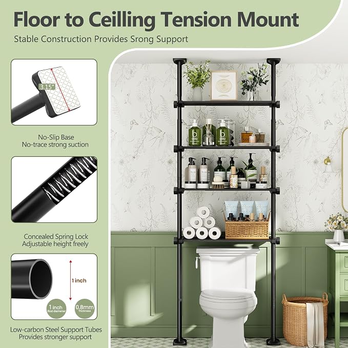 Over The Toilet Storage Shelf No Drill 4-Tier Adjustable Bathroom Organizer | - Image 5